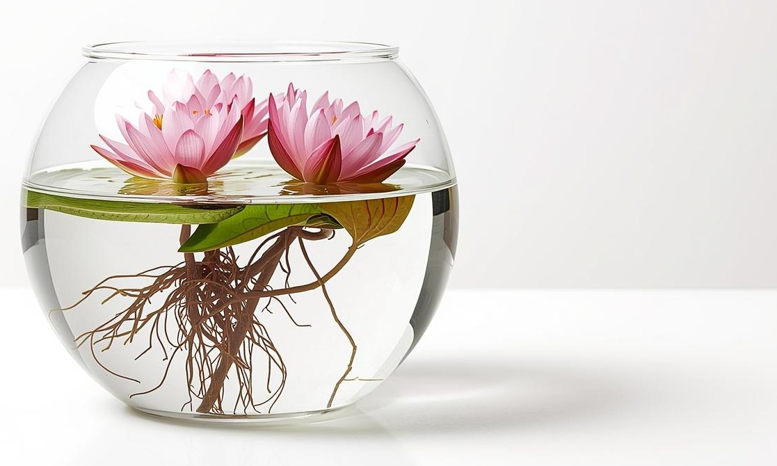 pote transparente com 3 flores de lótus rentes à água com folhas e aparecendo as raízes das flores na transparência do pote e fundo branco.jpg